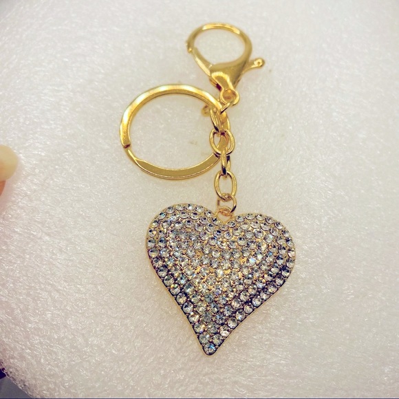 Purse Charm Keychain Crystal Iridescent Heart set in Golden tone - Picture 3 of 6